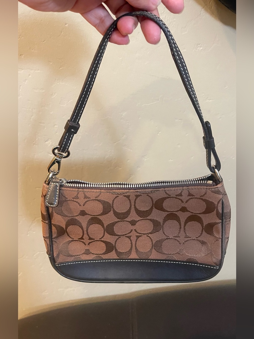 Coach Brown Signature Jacquard Shoulder Bag Black Leather mini Demi pouch y2k